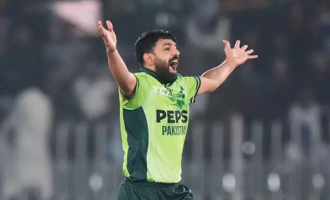 Pakistan's Haris Rauf appeals successful LBW out of Sri Lanka's Dushmantha Chameera during the second one day international cricket match between Pakistan and Sri Lanka, in Rawalpindi, Pakistan, Friday, Nov. 14, 2025. (AP Photo/Anjum Naveed)