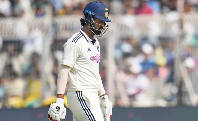 India's KL Rahul walks off the field after losing his wicket on the third day of the first cricket test match between India and South Africa in Kolkata, India, Sunday, Nov. 16, 2025. (AP Photo/Aijaz Rahi)