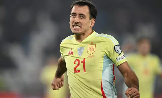 Spain's Mikel Oyarzabal celebrates after scoring his side's fourth goal during a World Cup 2026 group E qualifying soccer match between Georgia and Spain in Tbilisi, Georgia, Saturday, Nov. 15, 2025. (AP Photo/Tamuna Kulumbegashvili)
