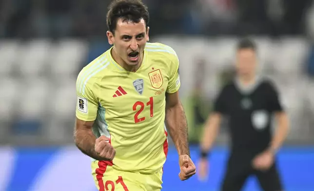 Spain's Mikel Oyarzabal celebrates after scoring his side's first goal during a World Cup 2026 group E qualifying soccer match between Georgia and Spain in Tbilisi, Georgia, Saturday, Nov. 15, 2025. (AP Photo/Tamuna Kulumbegashvili)