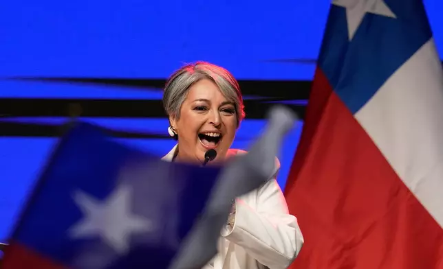 Presidential candidate Jeannette Jara of the Unidad por Chile coalition addresses supporters after early results in the general elections in Santiago, Chile, Sunday, Nov. 16, 2025. (AP Photo/Natacha Pisarenko)