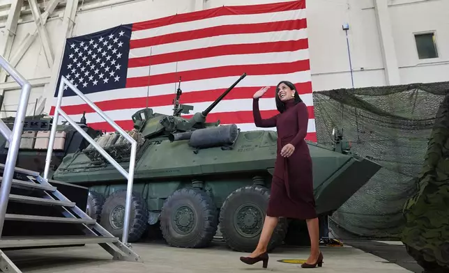 Second lady Usha Vance arrives to speak in the Mega Hangar at the Marine Corps Air Station New River in Jacksonville, N.C., Wednesday, Nov. 19, 2025. (AP Photo/Matt Rourke)