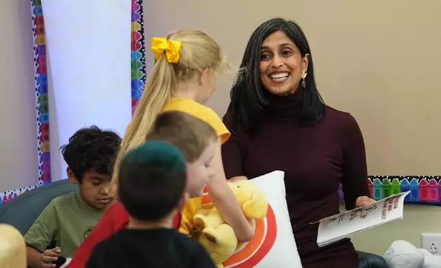 Second lady Usha Vance meets with students at DeLalio Elementary School on the Marine Corps Air Station New River in Jacksonville, N.C., Wednesday, Nov. 19, 2025. (AP Photo/Matt Rourke)