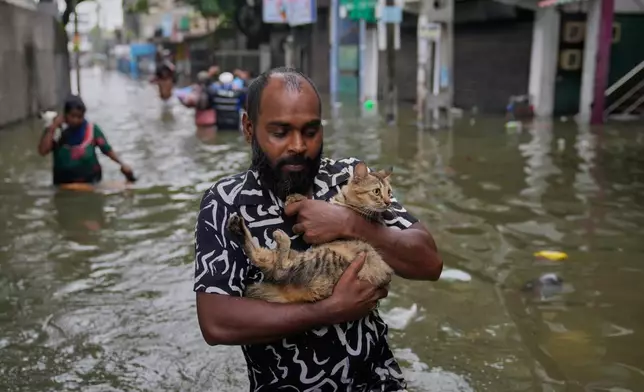 A man wades through a flooded road carrying a cat in Colombo, Sri Lanka, Saturday, Nov, 29, 2025. (AP Photo/Eranga Jayawardena)
