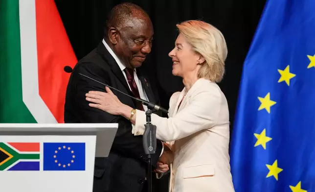 South African President Cyril Ramaphosa, left, and European Commission President Ursula von der Leyen at the end of their media conference in Johannesburg, South Africa, Thursday, Nov. 20, 2025. (AP Photo/Themba Hadebe)