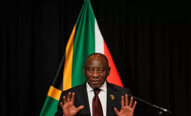 South African President Cyril Ramaphosa address the media with EU leaders in Johannesburg, South Africa, Thursday, Nov. 20, 2025. (AP Photo/Themba Hadebe)