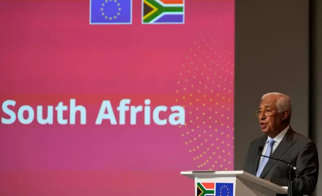 European Council's President Antonio Costa addresses the media in Johannesburg, South Africa, Thursday, Nov. 20, 2025. (AP Photo/Themba Hadebe)