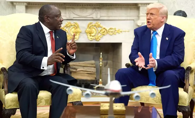 FILE - President Donald Trump meets South Africa's President Cyril Ramaphosa in the Oval Office of the White House, May 21, 2025, in Washington. (AP Photo/Evan Vucci, File)