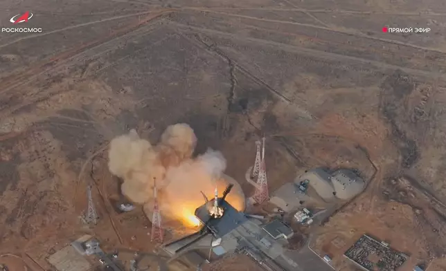 In this photo taken from video released by Roscosmos space corporation, the Soyuz-2.1 rocket booster with Soyuz MS-28 space ship carrying NASA astronaut Chris Williams and Roscosmos cosmonauts Sergey Kud-Sverchkov and Sergey Mikaev, a new crew to the International Space Station, ISS, blasts off in Russian leased Baikonur cosmodrome, Kazakhstan, Thursday, Nov. 27, 2025. (Roscosmos space corporation, via AP)
