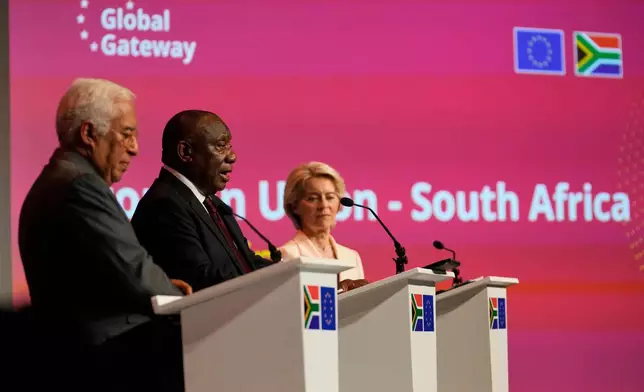 South African President Cyril Ramaphosa, centre, address the media with European Council's President Antonio Costa, left, and European Commission President Ursula von der Leyen in Johannesburg, South Africa, Thursday, Nov. 20, 2025. (AP Photo/Themba Hadebe)