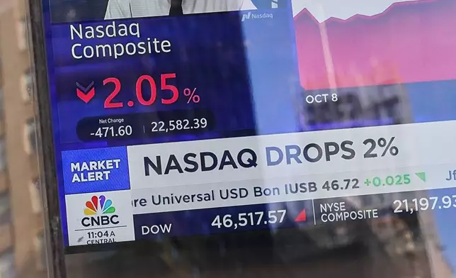 A television screen is displayed in the window of the Nasdaq MarketSite, in New York's Times Square, Friday, Nov. 7, 2025. (AP Photo/Richard Drew)