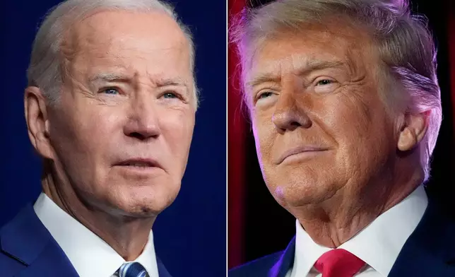 In this combination of photos, President Joe Biden speaks on Aug. 10, 2023, in Salt Lake City, left, and former President Donald Trump speaks on July 8, 2023, in Las Vegas. (AP Photo)