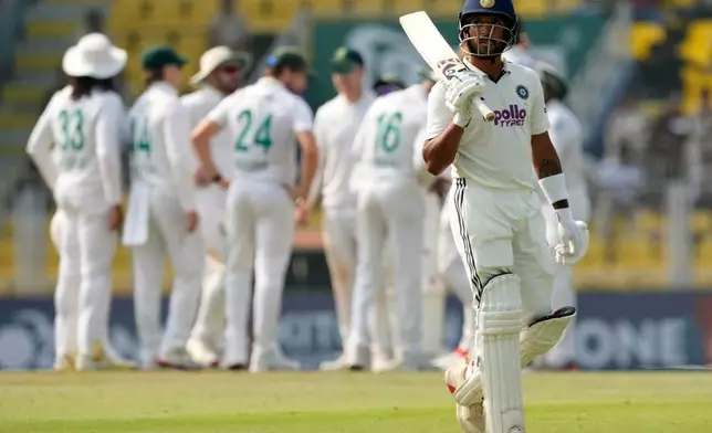 India's Dhruv Jurel walks off the field after losing his wicket on the third day of the second cricket test match between India and South Africa in Guwahati, India, Saturday, Nov. 22, 2025. (AP Photo/Anupam Nath)