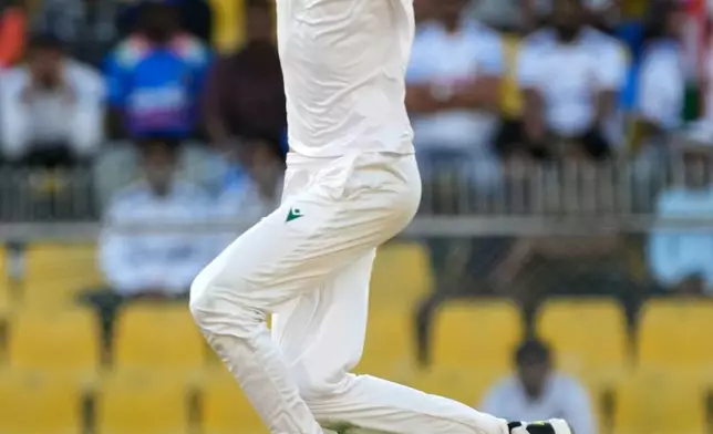 South Africa's Marco Jansen bowls a delivery on the third day of the second cricket test match between India and South Africa in Guwahati, India, Saturday, Nov. 22, 2025. (AP Photo/Anupam Nath)