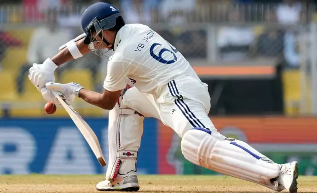 India's Yashasvi Jaiswal plays a shot on the third day of the second cricket test match between India and South Africa in Guwahati, India, Saturday, Nov. 22, 2025. (AP Photo/Anupam Nath)