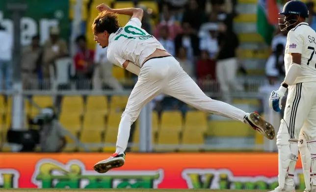 South Africa's Marco Jansen bowls a delivery on the third day of the second cricket test match between India and South Africa in Guwahati, India, Saturday, Nov. 22, 2025. (AP Photo/Anupam Nath)