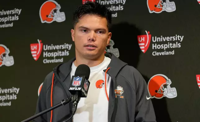 Cleveland Browns quarterback Dillon Gabriel speaks during a news conference after the Browns were defeated by the New York Jets in an NFL football game, Sunday, Nov. 9, 2025, in East Rutherford, N.J. (AP Photo/Seth Wenig)