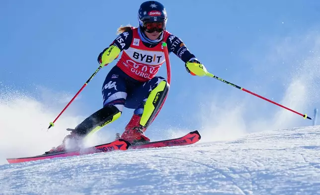 United States' Mikaela Shiffrin competes in an alpine ski, women's World Cup slalom, in Gurgl, Austria, Sunday, Nov. 23, 2025. (AP Photo/Pier Marco Tacca)
