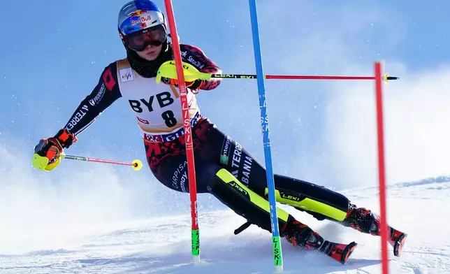 Albania's Lara Colturi competes in an alpine ski, women's World Cup slalom, in Gurgl, Austria, Sunday, Nov. 23, 2025. (AP Photo/Pier Marco Tacca)
