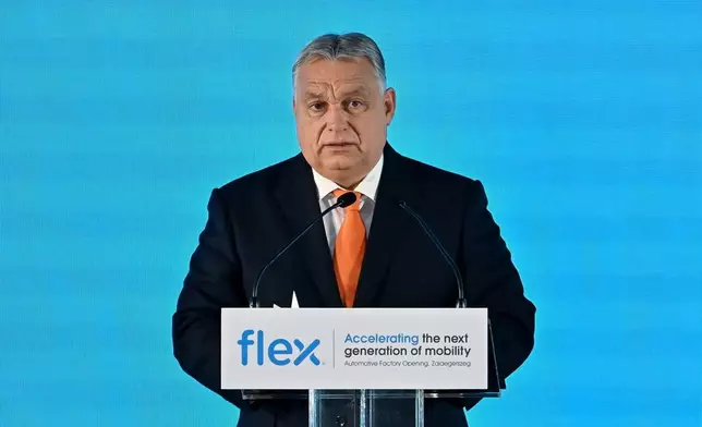 FILE - Hungarian Prime Minister Viktor Orban speaks during the inauguration of the new production plant of Flex, the Flex Zala Automotive Next Gen Mobility plant in Zalaegerszeg, southwestern Hungary, Nov. 25, 2025. (Tibor Illyes/MTI via AP, File)
