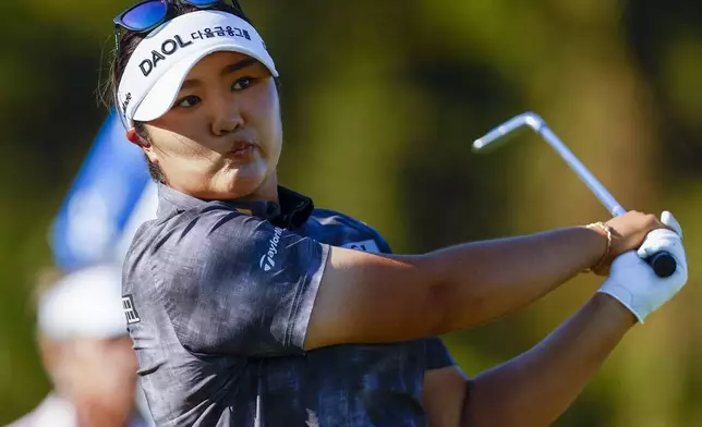 Haeran Ryu, of South Korea, tees off on the 15th hole during round two of the Annika LPGA tournament on Friday, Nov. 14, 2025, in Belleair, Fla. (Luis Santana/Tampa Bay Times via AP)