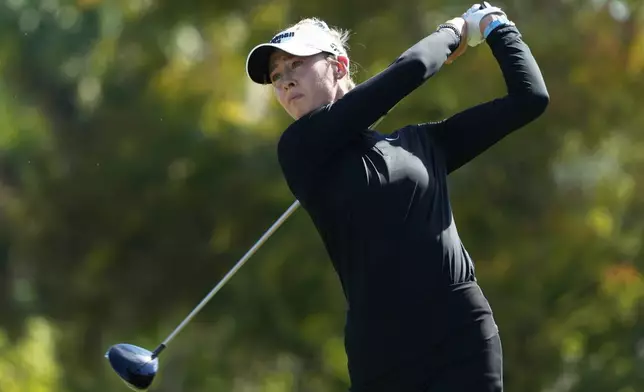 Nelly Korda hits from the third tee during the third round of the LPGA Tour Championship golf tournament, Saturday, Nov. 22, 2025, in Naples, Fla. (AP Photo/Marta Lavandier)