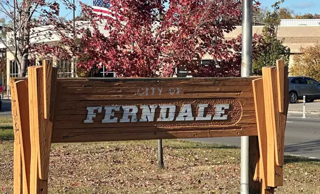 A "Welcome to Ferndale" sign is seen in Ferndale, Mich., Monday, Nov. 3, 2025. (AP Photo/Corey Williams)
