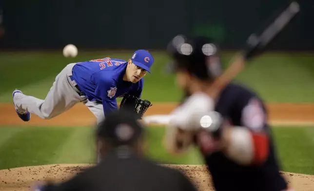 FILE - Chicago Cubs starting pitcher Kyle Hendricks throws during the first inning of Game 7 of the Major League Baseball World Series against the Cleveland Indians, Nov. 2, 2016, in Cleveland. (AP Photo/Gene J. Puskar, File)
