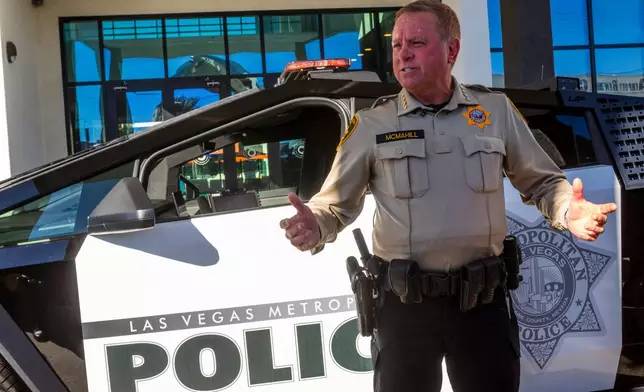 Sheriff Keven McMahill talks about Tesla Cybertrucks owned by the Las Vegas Metro Police department in Las Vegas, Tuesday Oct. 28th 2025. (AP Photo/Ty ONeil)
