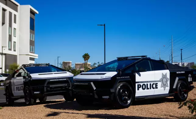 Tesla Cybertrucks owned by the Las Vegas Metro Police department is on display in Las Vegas on Tuesday Oct, 28th 2025. (AP Photo/Ty ONeil)