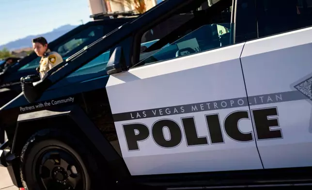 A Tesla Cybertruck owned by the Las Vegas Metro Police department is on display in Las Vegas, Tuesday Oct. 28th 2025. (AP Photo/Ty ONeil)