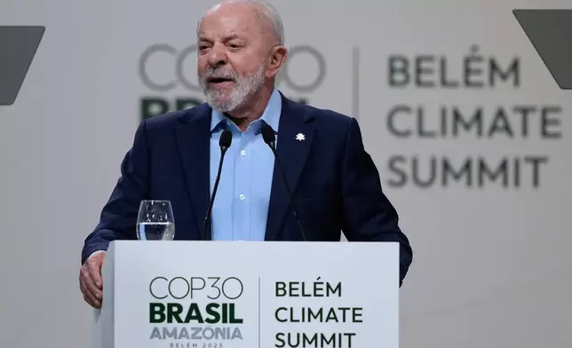 Brazilian President Luiz Inacio Lula da Silva addresses a plenary session of the COP30 U.N. Climate Summit in Belem, Brazil, Thursday, Nov. 6, 2025. (AP Photo/Eraldo Peres)