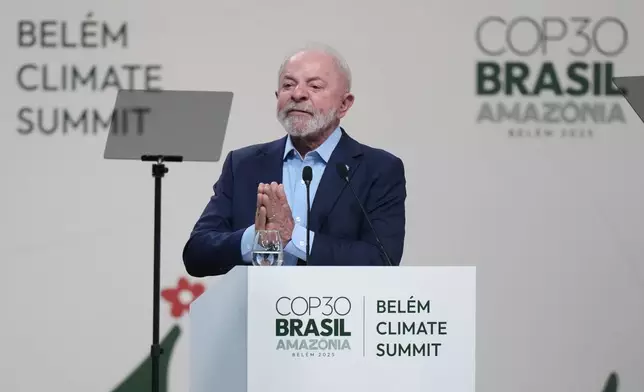 Brazilian President Luiz Inacio Lula da Silva addresses a plenary session of the COP30 U.N. Climate Summit in Belem, Brazil, Thursday, Nov. 6, 2025. (AP Photo/Fernando Llano)