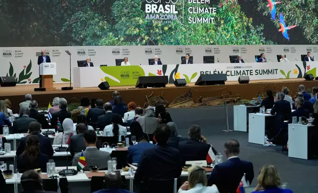 Brazilian President Luiz Inacio Lula da Silva addresses a plenary session of the COP30 U.N. Climate Summit in Belem, Brazil, Thursday, Nov. 6, 2025. (AP Photo/Eraldo Peres)