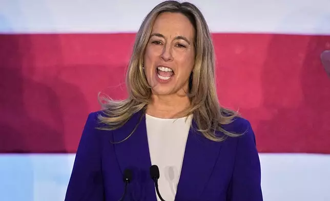 New Jersey Democratic gubernatorial candidate Mikie Sherrill speaks during an election night party in East Brunswick, N.J., Tuesday, Nov. 4, 2025. (AP Photo/Matt Rourke)