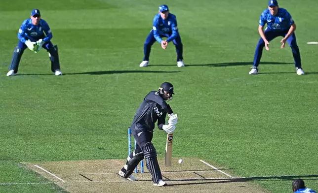 Devon Conway of New Zealand bats during the One Day International cricket match between New Zealand and England in Wellington, New Zealand, Saturday, Nov. 1, 2025. (Kerry Marshall/Photosport via AP)