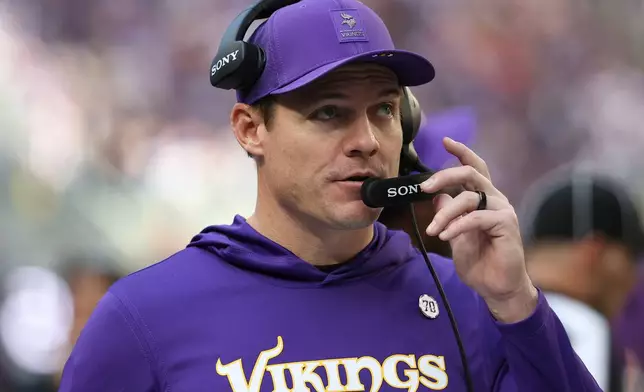 Minnesota Vikings head coach Kevin O'Connell stands on the sidelines during the first half of an NFL football game against the Chicago Bears, Sunday, Nov. 16, 2025, in Minneapolis. (AP Photo/Matt Krohn)