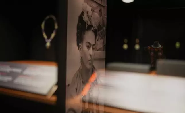 FILE - A portrait of Frida Kahlo by Mexican photographer Wallace Marly is displayed in the new museum Casa Kahlo in Mexico City, Sept. 10, 2025. (AP Photo/Eduardo Verdugo)