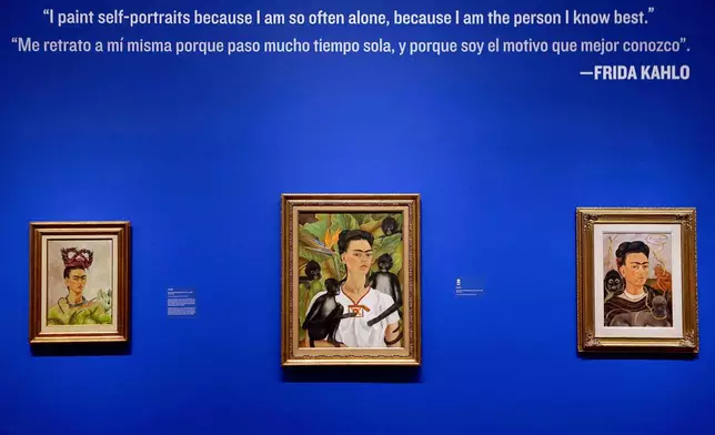 FILE - Self portraits by artist Frida Kahlo, titled from left, "Self Portrait with Braids", 1941, "Self Portrait with Monkeys", 1943, and "Self Portrait with Small Monkey", 1945, are displayed as part of the exhibition "Frida &amp; Diego: Passion Politics and Painting", at the High Museum in Atlanta, Feb. 8, 2013. (AP Photo/David Goldman, File)