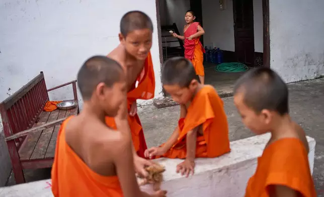 Novice Buddhist monks take a break between classes at a monastic school in Luang Prabang, Laos, Monday, Nov. 3, 2025. (AP Photo/Eugene Hoshiko)