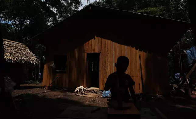 Riquelme plays in the backyard of his home at a quilombola, an Afro-descendant community called Menino Jesus, in Acara, Brazil, Tuesday, Nov. 18, 2025. (AP Photo/Fernando Llano)