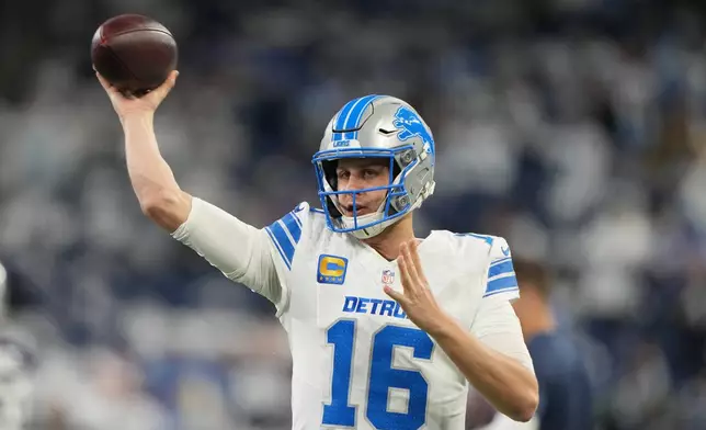 Detroit Lions quarterback Jared Goff works out prior to an NFL football game against the Dallas Cowboys Thursday, Dec. 4, 2025, in Detroit. (AP Photo/Ryan Sun)