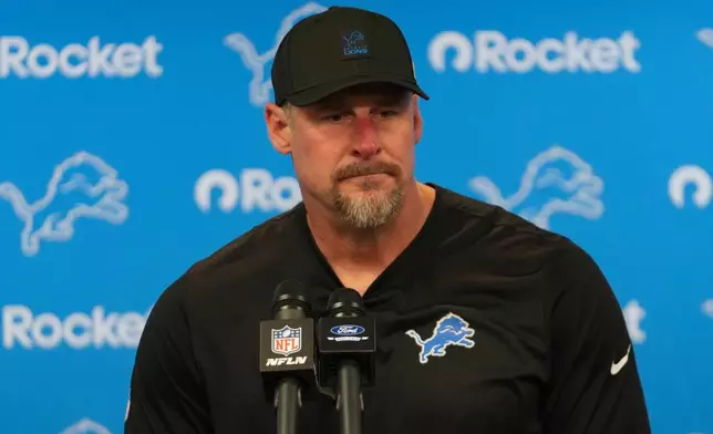 Detroit Lions head coach Dan Campbell speaks during a press conference following an NFL football game against the Green Bay Packers in Detroit, Thursday, Nov. 27, 2025. (AP Photo/Paul Sancya)