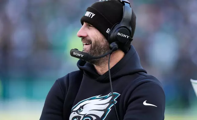 Philadelphia Eagles head coach Nick Sirianni reacts during the first half of an NFL football game against the Las Vegas Raiders on Sunday, Dec. 14, 2025, in Philadelphia. (AP Photo/Chris Szagola)