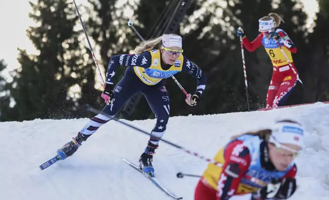 United States' Jessie Diggins competes in a women's cross-country 20km Skiathlon Classic/Free during the Cross-Country skiing World Cup races in Trondheim, Norway, Saturday, Dec. 6, 2025. (Geir Olsen/NTB Scanpix via AP)