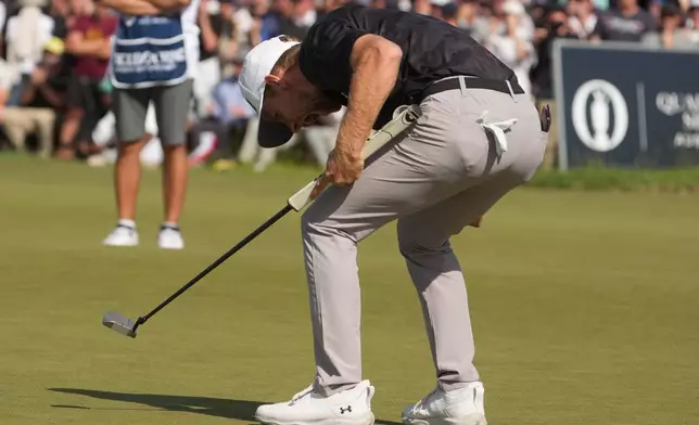Denmark's Rasmus Neergaard-Petersen celebrates after sinking his putt on the 18th during the final round of the Australian Open golf tournament in Melbourne, Australia, Sunday, Dec. 7, 2025. (AP Photo/Asanka Brendon Ratnayake)