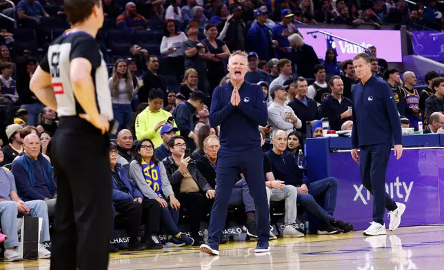 Golden State Warriors head coach Steve Kerr reacts after Warriors forward Draymond Green (23) is ejected in the second quarter of an NBA game against the Phoenix Suns, Saturday, Dec. 20, 2025, in San Francisco. (Santiago Mejia/San Francisco Chronicle via AP)