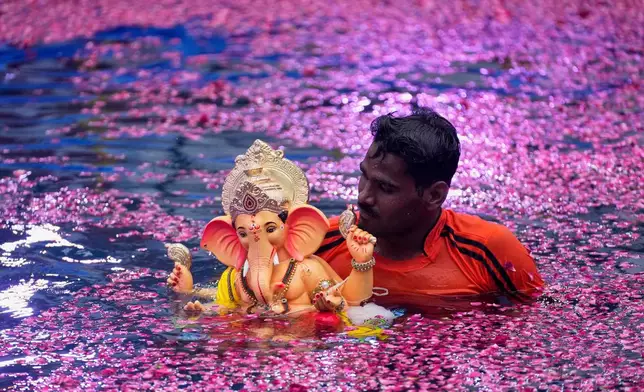 An Indian volunteer carries an idol of elephant-headed Hindu god Ganesha to immerse in an artificial pond, in Mumbai, India, Aug. 28, 2025. (AP Photo/Rajanish Kakade, File)