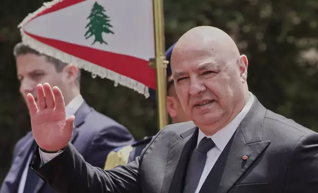FILE - Lebanese President Joseph Aoun gestures to journalists at the Presidential Palace, in Baabda, east of Beirut, Lebanon, Wednesday, May 21, 2025. (AP Photo/Hassan Ammar, File)