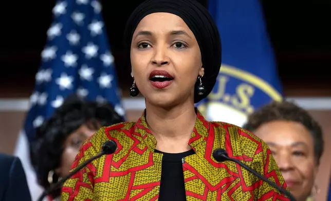 FILE - Rep. Ilhan Omar, D-Minn., speaks during a news conference, May 24, 2023, on Capitol Hill in Washington. (AP Photo/Jacquelyn Martin, File)